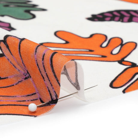 Washed Polyester Satin - Purple, Orange and White Palm Leaves - Made in Italy