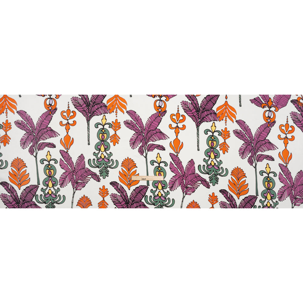Washed Polyester Satin - Purple, Orange and White Palm Leaves - Made in Italy