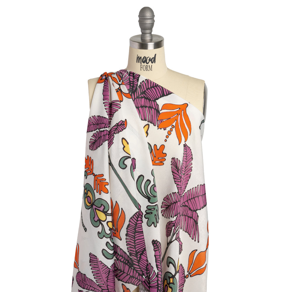 Washed Polyester Satin - Purple, Orange and White Palm Leaves - Made in Italy