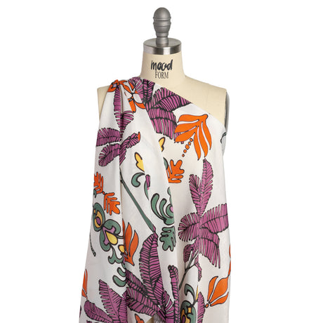 Washed Polyester Satin - Purple, Orange and White Palm Leaves - Made in Italy