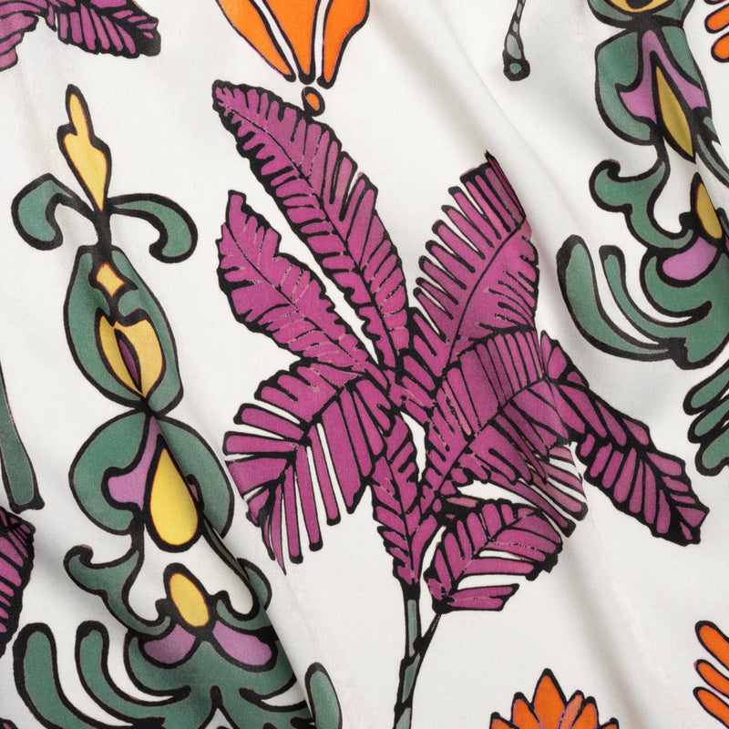 Washed Polyester Satin - Purple, Orange and White Palm Leaves - Made in Italy