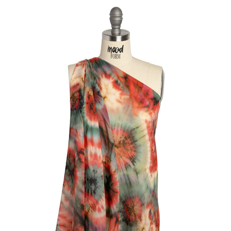 Lightweight Rayon Twill - Red and Forest Green Tie Dye - Made in Italy