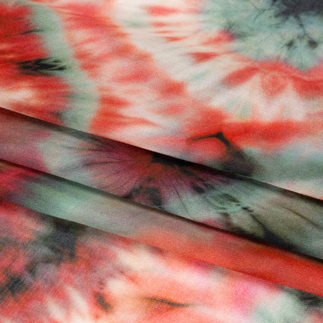 Lightweight Rayon Twill - Red and Forest Green Tie Dye - Made in Italy