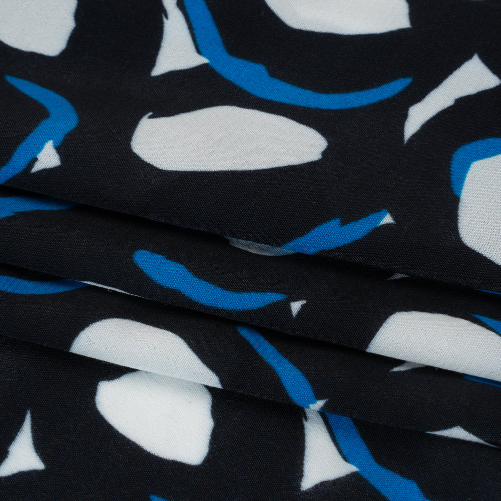 Rayon Crepe de Chine Made in Italy - Black, White and Blue Abstract Spots - Deadstock