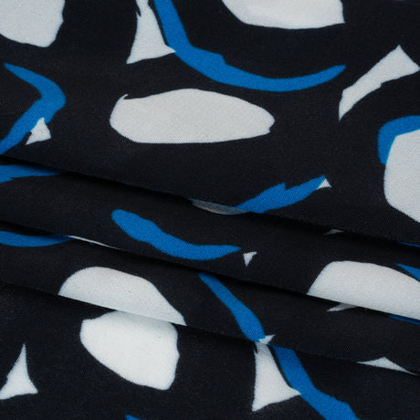 Rayon Crepe de Chine Made in Italy - Black, White and Blue Abstract Spots - Deadstock