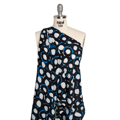 Rayon Crepe de Chine Made in Italy - Black, White and Blue Abstract Spots - Deadstock
