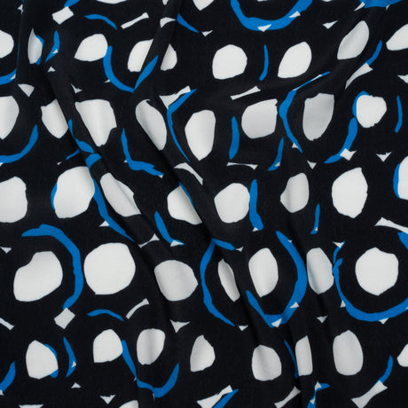Rayon Crepe de Chine Made in Italy - Black, White and Blue Abstract Spots - Deadstock
