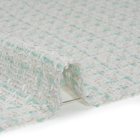 Metallic Polyester Tweed - Gold, White and Seafoam Plaid - Deadstock