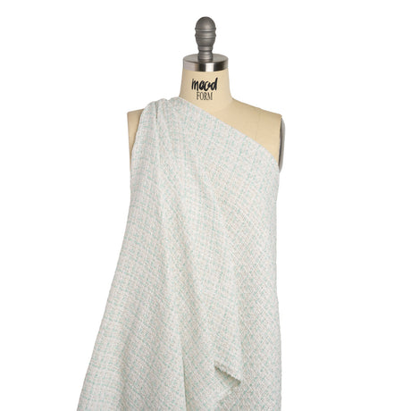 Metallic Polyester Tweed - Gold, White and Seafoam Plaid - Deadstock