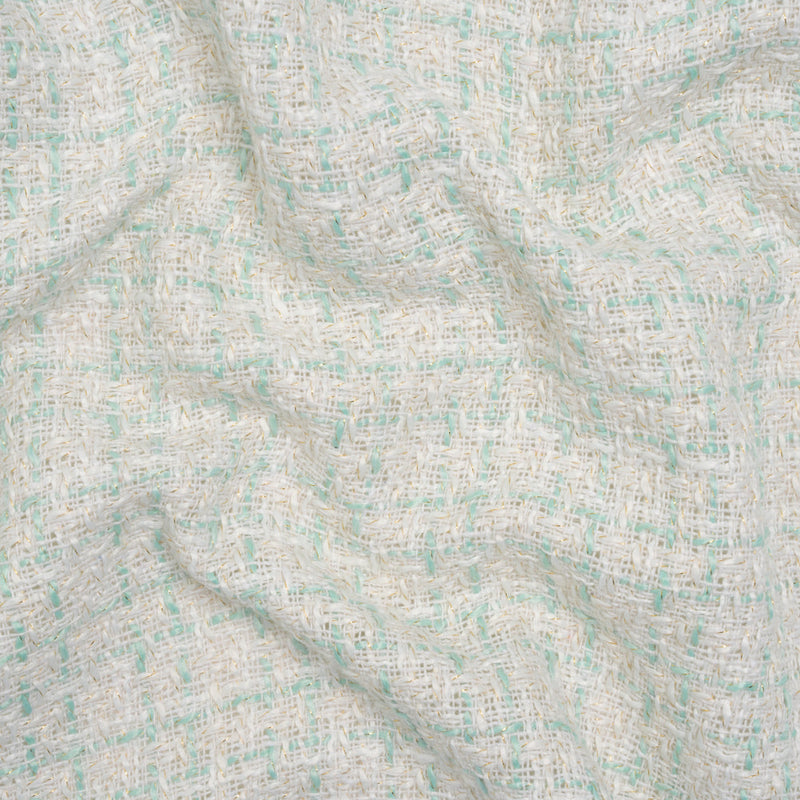 Metallic Polyester Tweed - Gold, White and Seafoam Plaid - Deadstock
