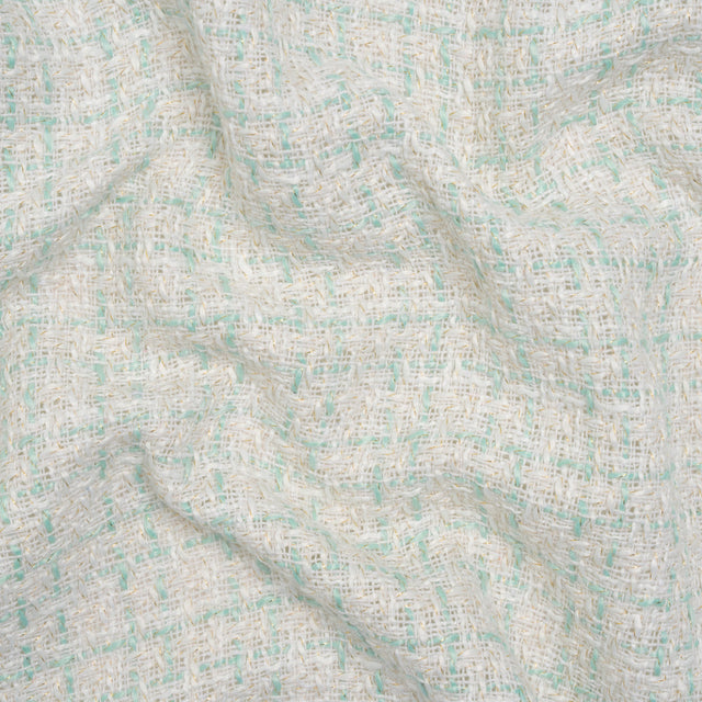 Metallic Polyester Tweed - Gold, White and Seafoam Plaid - Deadstock