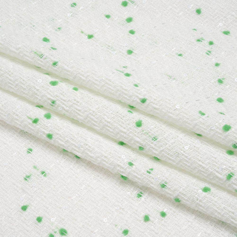 Polyester Pom Pom Tweed with Baby Sequins - White and Kelly Green - Deadstock
