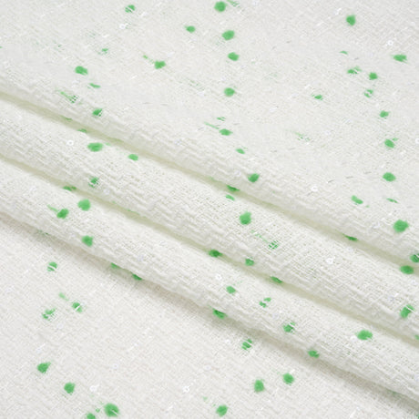 Polyester Pom Pom Tweed with Baby Sequins - White and Kelly Green - Deadstock