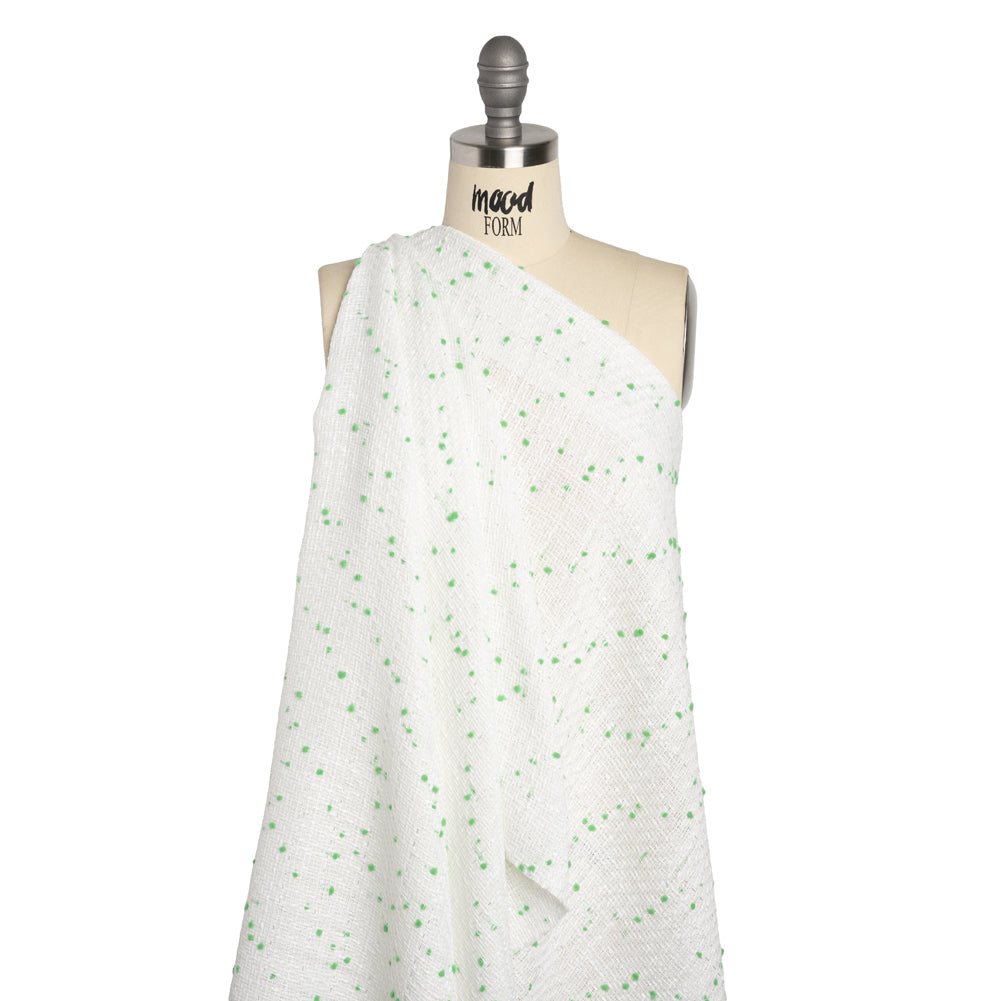 Polyester Pom Pom Tweed with Baby Sequins - White and Kelly Green - Deadstock