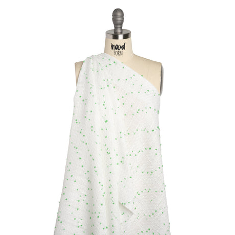 Polyester Pom Pom Tweed with Baby Sequins - White and Kelly Green - Deadstock