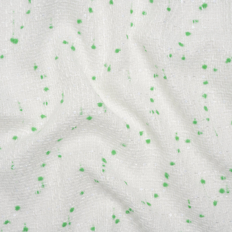 Polyester Pom Pom Tweed with Baby Sequins - White and Kelly Green - Deadstock