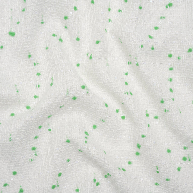Polyester Pom Pom Tweed with Baby Sequins - White and Kelly Green - Deadstock