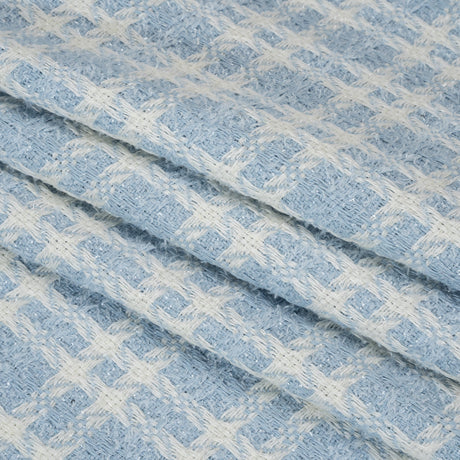 Cotton and Polyester Plaid Tweed with Baby Sequins and Eyelash Fringe - Baby Blue and White - Deadstock