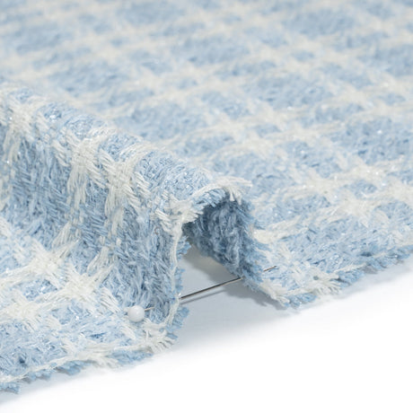 Cotton and Polyester Plaid Tweed with Baby Sequins and Eyelash Fringe - Baby Blue and White - Deadstock
