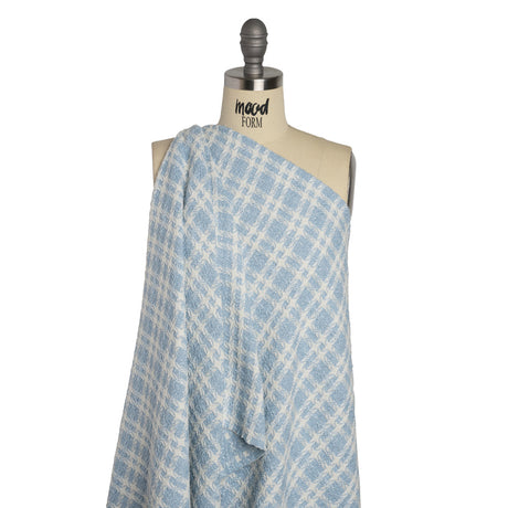 Cotton and Polyester Plaid Tweed with Baby Sequins and Eyelash Fringe - Baby Blue and White - Deadstock
