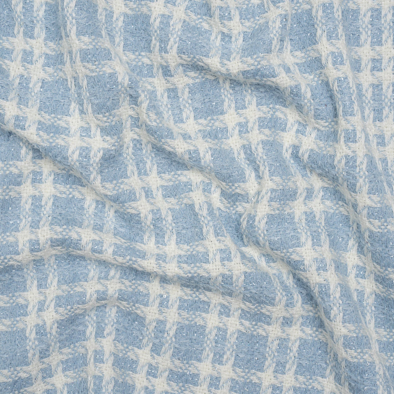 Cotton and Polyester Plaid Tweed with Baby Sequins and Eyelash Fringe - Baby Blue and White - Deadstock