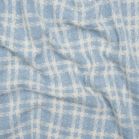 Cotton and Polyester Plaid Tweed with Baby Sequins and Eyelash Fringe - Baby Blue and White - Deadstock