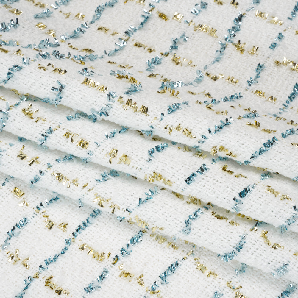 Polyester Boucle Tweed with Plaid Metallic Eyelash Fringe - White, Sky Blue and Gold - Deadstock