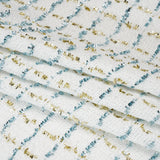 Polyester Boucle Tweed with Plaid Metallic Eyelash Fringe - White, Sky Blue and Gold - Deadstock