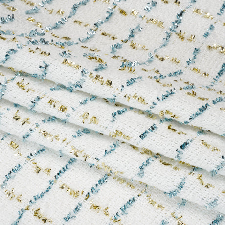 Polyester Boucle Tweed with Plaid Metallic Eyelash Fringe - White, Sky Blue and Gold - Deadstock