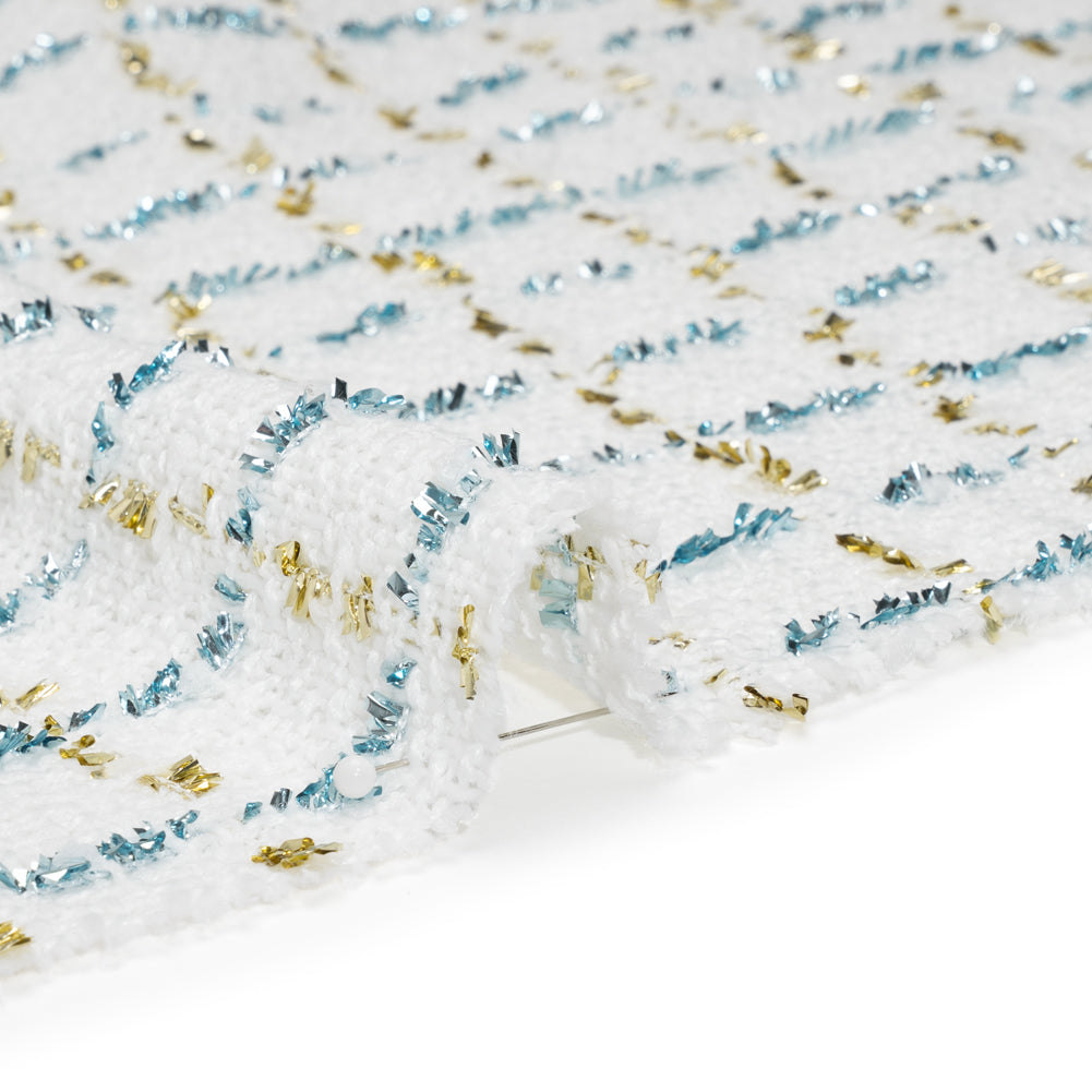 Polyester Boucle Tweed with Plaid Metallic Eyelash Fringe - White, Sky Blue and Gold - Deadstock