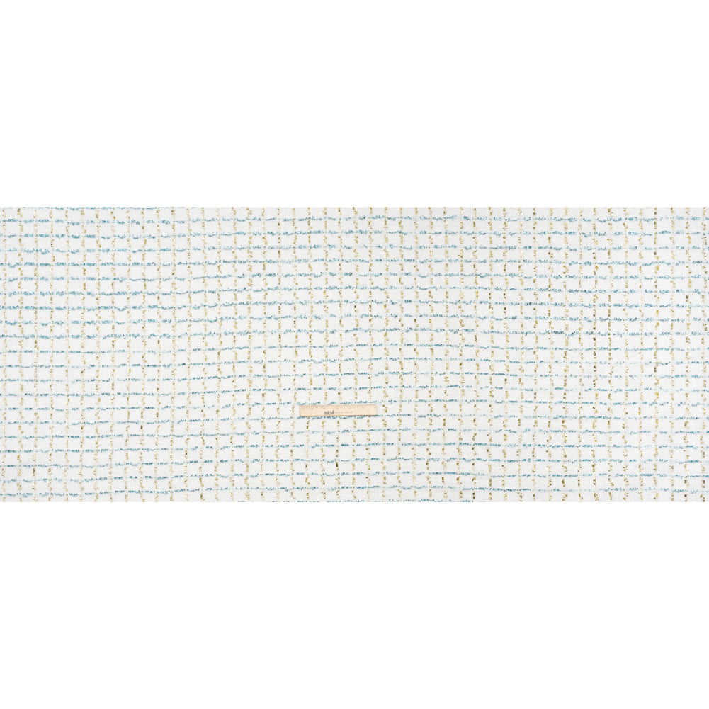 Polyester Boucle Tweed with Plaid Metallic Eyelash Fringe - White, Sky Blue and Gold - Deadstock