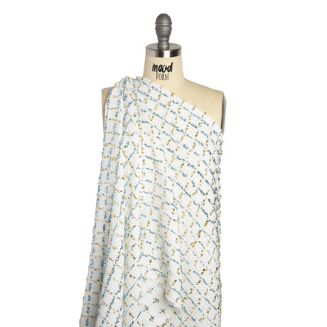 Polyester Boucle Tweed with Plaid Metallic Eyelash Fringe - White, Sky Blue and Gold - Deadstock