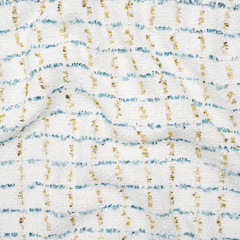 Polyester Boucle Tweed with Plaid Metallic Eyelash Fringe - White, Sky Blue and Gold - Deadstock