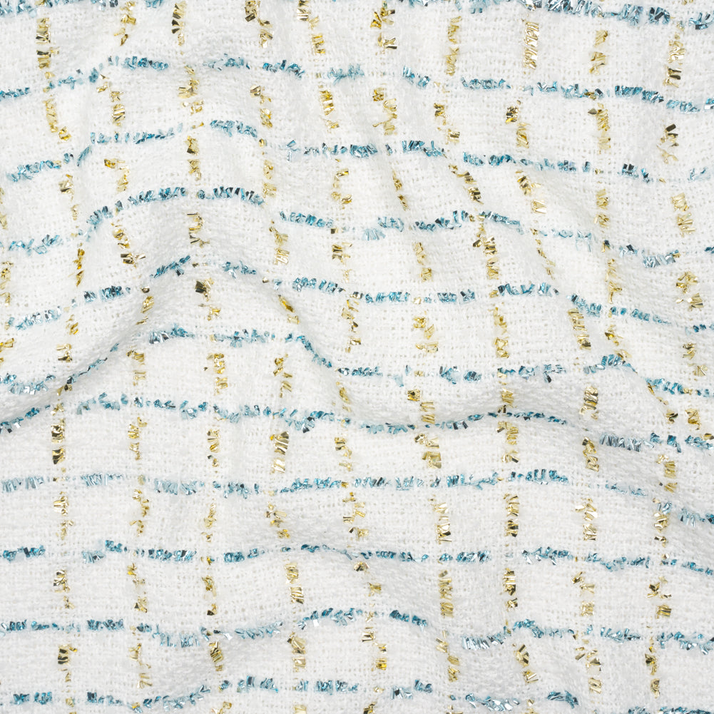 Polyester Boucle Tweed with Plaid Metallic Eyelash Fringe - White, Sky Blue and Gold - Deadstock