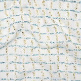 Polyester Boucle Tweed with Plaid Metallic Eyelash Fringe - White, Sky Blue and Gold - Deadstock