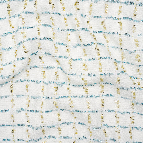 Polyester Boucle Tweed with Plaid Metallic Eyelash Fringe - White, Sky Blue and Gold - Deadstock