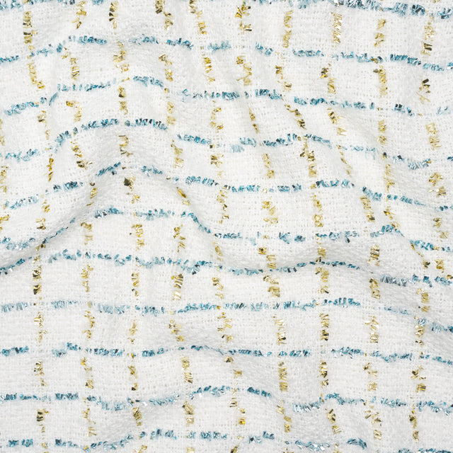 Polyester Boucle Tweed with Plaid Metallic Eyelash Fringe - White, Sky Blue and Gold - Deadstock