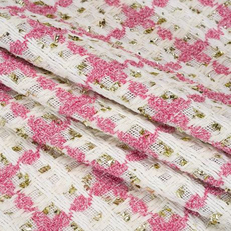 Polyester Boucle Tweed with Metallic Eyelash Fringe - White, Pink and Gold Plaid - Deadstock