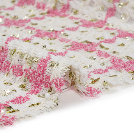 Polyester Boucle Tweed with Metallic Eyelash Fringe - White, Pink and Gold Plaid - Deadstock