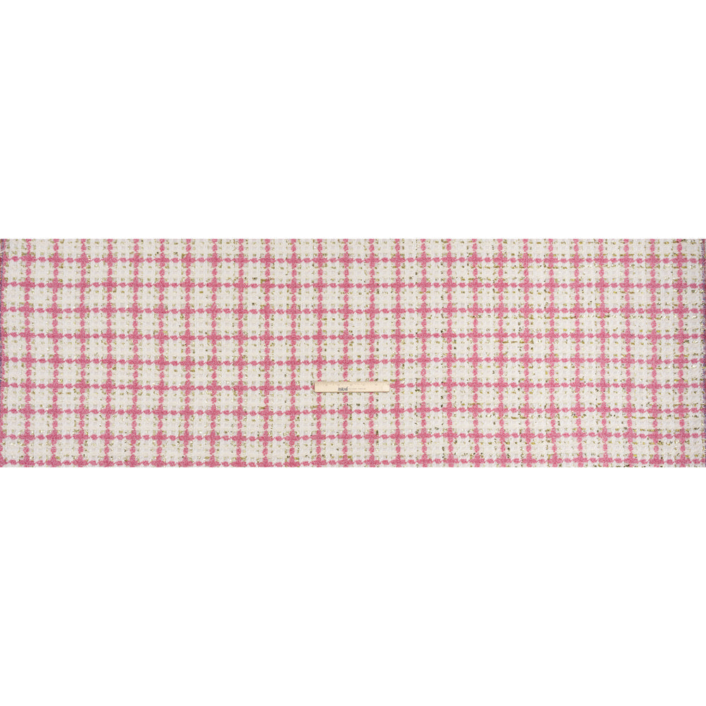 Polyester Boucle Tweed with Metallic Eyelash Fringe - White, Pink and Gold Plaid - Deadstock