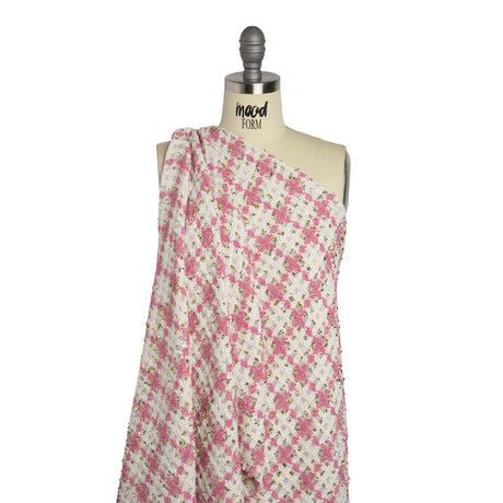 Polyester Boucle Tweed with Metallic Eyelash Fringe - White, Pink and Gold Plaid - Deadstock