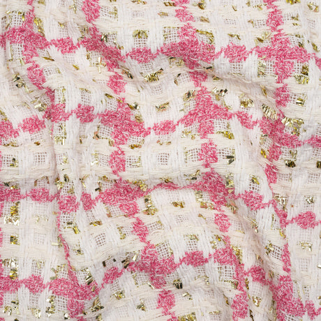 Polyester Boucle Tweed with Metallic Eyelash Fringe - White, Pink and Gold Plaid - Deadstock