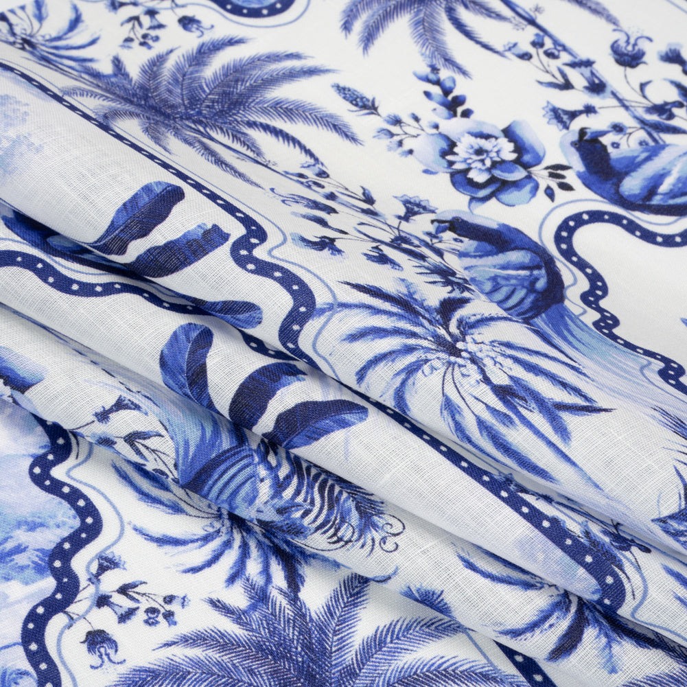 Lightweight Linen Woven - Blue and White Palms in Paradise