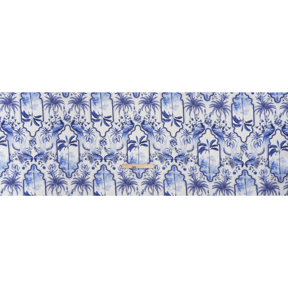 Lightweight Linen Woven - Blue and White Palms in Paradise