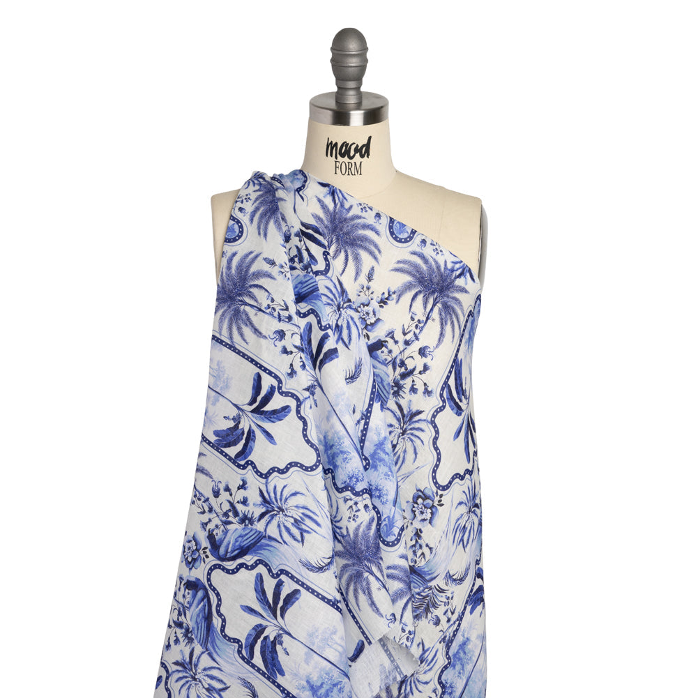 Lightweight Linen Woven - Blue and White Palms in Paradise