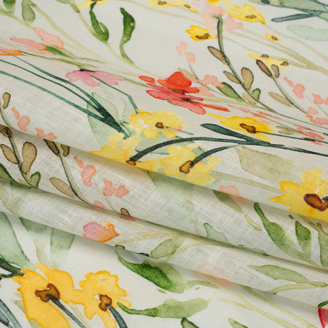 Lightweight Linen Woven - Yellow, Red and Green Watercolor Floral Trails on Ivory