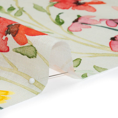 Lightweight Linen Woven - Yellow, Red and Green Watercolor Floral Trails on Ivory