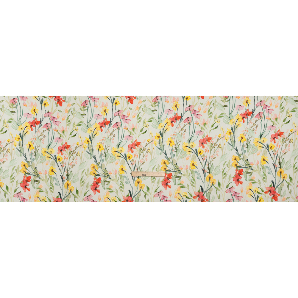 Lightweight Linen Woven - Yellow, Red and Green Watercolor Floral Trails on Ivory