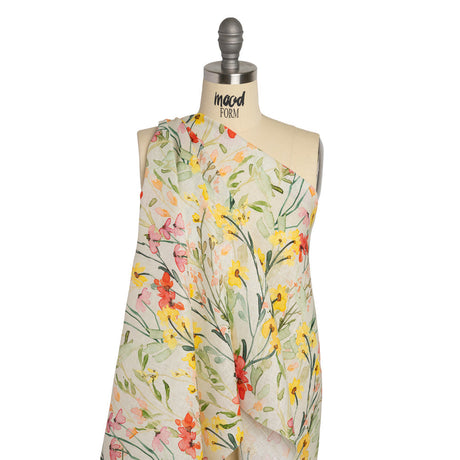 Lightweight Linen Woven - Yellow, Red and Green Watercolor Floral Trails on Ivory