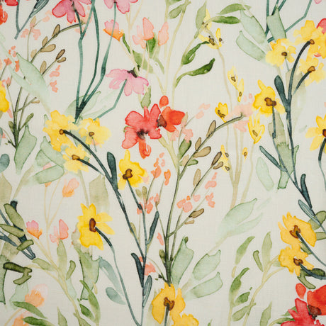 Lightweight Linen Woven - Yellow, Red and Green Watercolor Floral Trails on Ivory